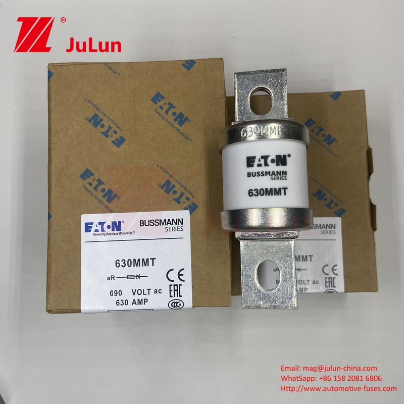 630MMT 690V BUSSMANN Keramik Bakır Çift Düz Plakalı Bolt Türü Sigorta 630A Elektrik Akımı 0.43kg Ağırlık