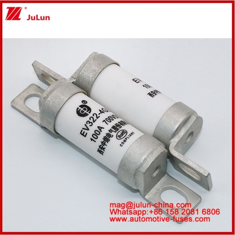 EV322 4GL 100A DC700V EV veya HEV Elektrikli Araç Kompakt Boyutlu Yüksek Değerlendirilmiş Akım Boltlu Yapı Tubular Keramik Sigorta