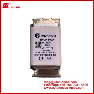 RSZ307-01 EVLH 500A 750VDC FUSE 50KA Kare Seramik Otomobil Şarj cihazları Elektrikli Araç Aygıtları ve Ekipmanları Küçük Boyut Düşük Erime I2t Değeri Yüksek Kırma Kapasitesi Enerji